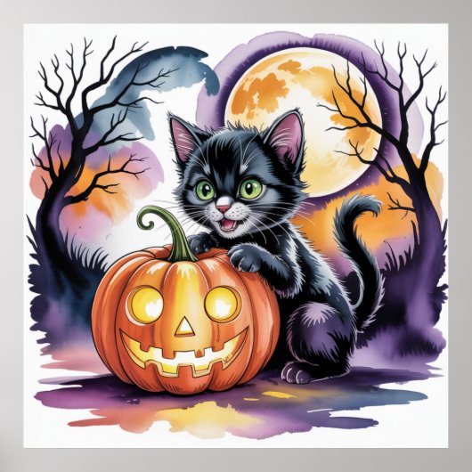 Schwarze Halloween-Katze mit Jack-O-Lantern, Schwa Poster (Vorne)
