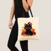 Schwarze Halloween Katze mit Kürbis und Candy Mais Tragetasche (Vorderseite (Produkt))