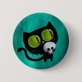Schwarze Halloween-Katze mit Schädel Button (Vorderseite)