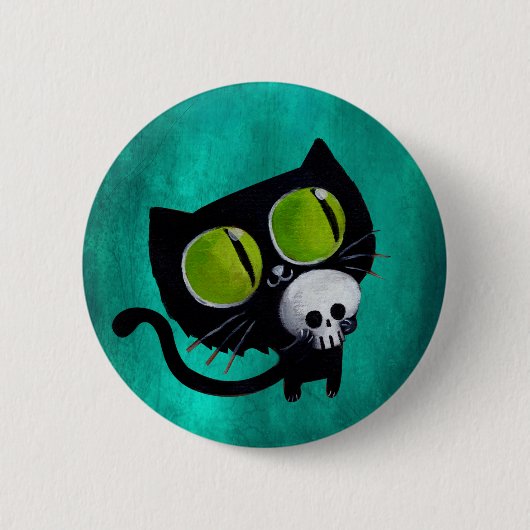 Schwarze Halloween-Katze mit Schädel Button (Vorderseite)