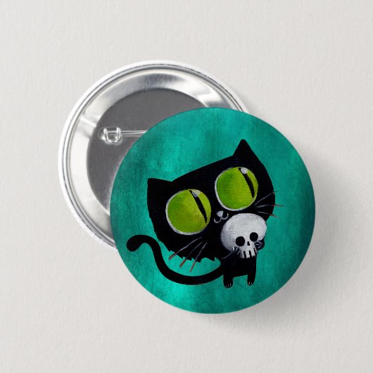 Schwarze Halloween-Katze mit Schädel Button (Vorne & Hinten)