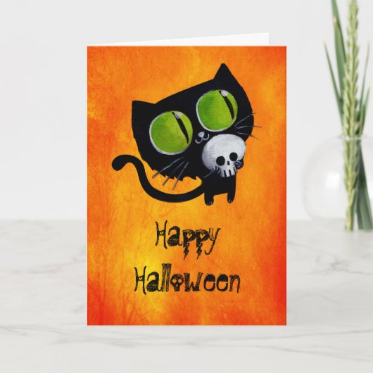 Schwarze Halloween-Katze mit Schädel Karte (Vorderseite)