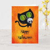 Schwarze Halloween-Katze mit Schädel Karte (Gelbe Blume)