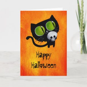 Schwarze Halloween-Katze mit Schädel Karte