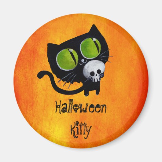 Schwarze Halloween-Katze mit Schädel Magnet (Vorne)