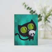 Schwarze Halloween-Katze mit Schädel Postkarte (Stehend Vorderseite)