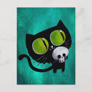 Schwarze Halloween-Katze mit Schädel Postkarte