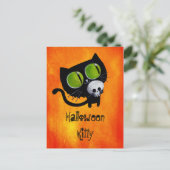Schwarze Halloween-Katze mit Schädel Postkarte (Stehend Vorderseite)