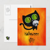 Schwarze Halloween-Katze mit Schädel Postkarte (Vorne/Hinten)
