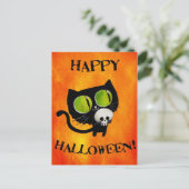 Schwarze Halloween-Katze mit Schädel Postkarte (Stehend Vorderseite)