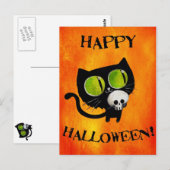 Schwarze Halloween-Katze mit Schädel Postkarte (Vorne/Hinten)