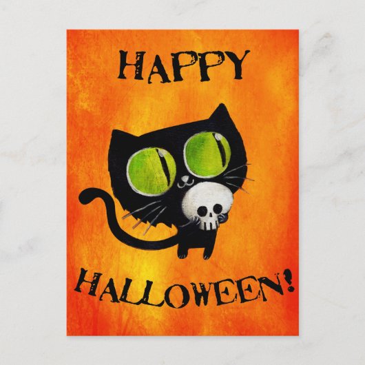 Schwarze Halloween-Katze mit Schädel Postkarte (Vorderseite)
