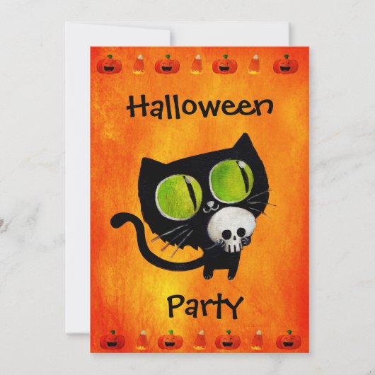 Schwarze Halloween-Katze mit Schädeln-Party Einlad Einladung (Vorderseite)