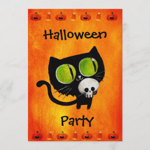 Schwarze Halloween-Katze mit Schädeln-Party Einlad Einladung