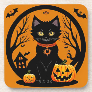 Schwarze Halloween-Katze umgeben von Kürbislaterne Getränkeuntersetzer