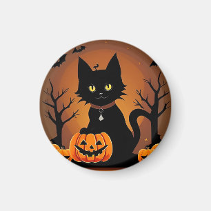 Schwarze Halloween-Katze umgeben von Kürbislaterne Magnet