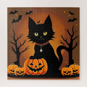 Schwarze Halloween-Katze umgeben von Kürbislaterne Puzzle