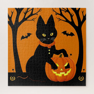 Schwarze Halloween-Katze umgeben von Kürbislaterne Puzzle