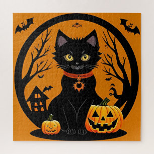 Schwarze Halloween-Katze umgeben von Kürbislaterne Puzzle