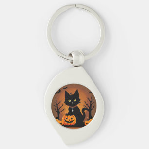 Schwarze Halloween-Katze umgeben von Kürbislaterne Schlüsselanhänger