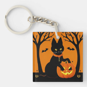 Schwarze Halloween-Katze umgeben von Kürbislaterne Schlüsselanhänger