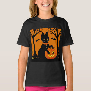 Schwarze Halloween-Katze umgeben von Kürbislaterne T-Shirt
