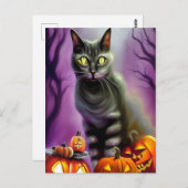 Schwarze Halloween-Katze und geschnitzte Pumpkins Postkarte (Vorne/Hinten)