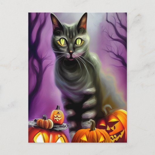 Schwarze Halloween-Katze und geschnitzte Pumpkins Postkarte (Vorderseite)