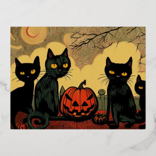 Schwarze Halloween Katzen mit Kürbiskarte Folien Feiertagspostkarte