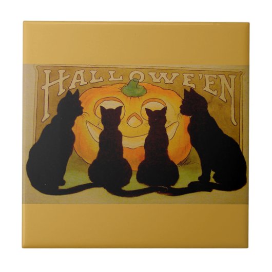 Schwarze Halloween-Katzen und Kürbis Fliese (Vorderseite)