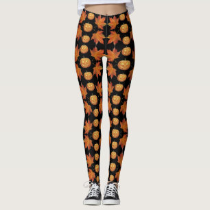 Schwarze Halloween-Leggings mit Pumpkin & Blätter Leggings