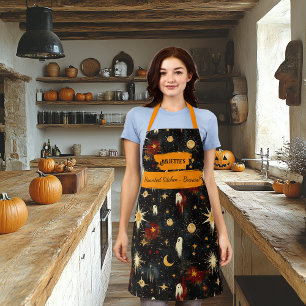 Schwarze Halloween-Schürze mit Geistern, Sternen,  Schürze