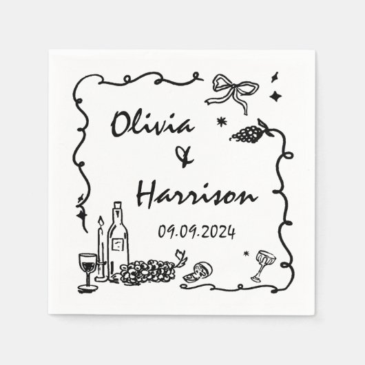 Schwarze Hand Drawn-Hochzeit Serviette (Vorderseite)