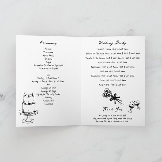 Schwarze Hand gezeichnete Hochzeitsordnung Programm (Innenseite)