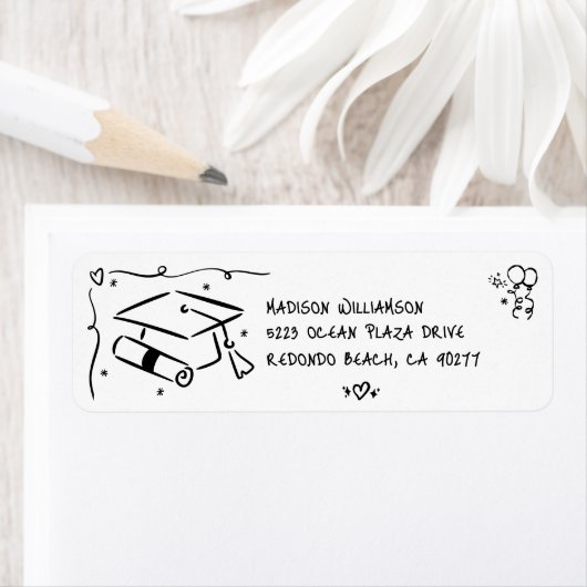 Schwarze handgezeichnete Doodle-Abschlussmütze wei (Insitu)