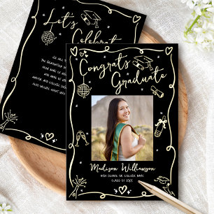 Schwarze Handgezeichnete Kritzeleien Fotoreal Gold Folieneinladung