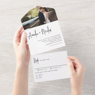 Schwarze Handschrift-Typografie Foto Hochzeit All In One Einladung