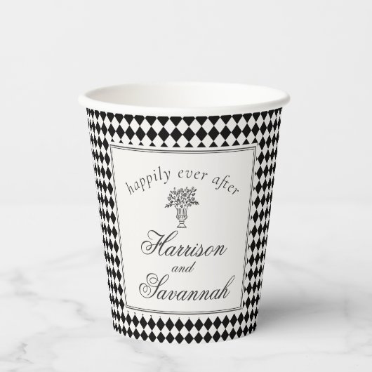 Schwarze Harlekin-Karo-Hochzeit Pappbecher (Vorderseite)