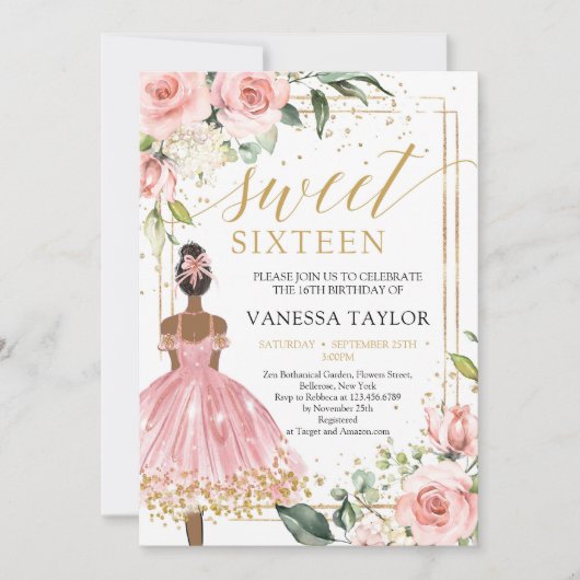 Schwarze Haut Prinzessin rosa Kleid rot Blütengold Einladung (Vorderseite)