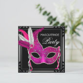 Schwarze Heiß Rosa Maskenparty Einladung (Stehend Vorderseite)
