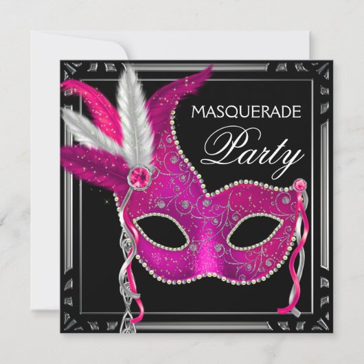 Schwarze Heiß Rosa Maskenparty Einladung (Vorderseite)