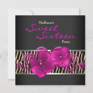 Schwarze Heiß Rosa Zebra Sweet 16 Geburtstagsfeier Einladung