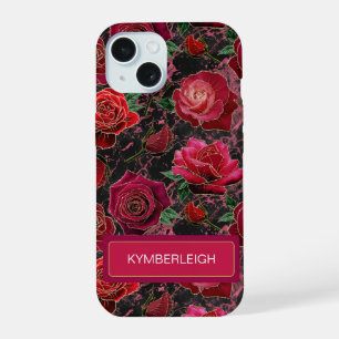 Schwarze heiße rosa Glamour-Rosen Marmor-Monogramm iPhone 15 Hülle