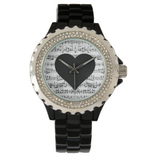 Schwarze Herz-Musiknote-Uhr Armbanduhr