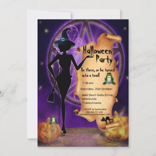 Schwarze Hexe Halloween Einladung (Vorderseite)