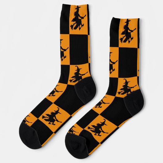 Schwarze Hexen Schwarz & Orange Kariert Socken (Linkes Detail)