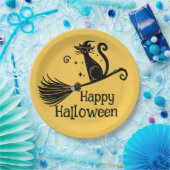 Schwarze Hexenkatze auf Broomstick Halloween Pappteller (Party)