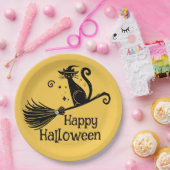 Schwarze Hexenkatze auf Broomstick Halloween Pappteller (Party)