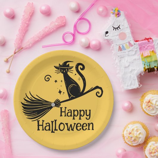 Schwarze Hexenkatze auf Broomstick Halloween Pappteller (Party)