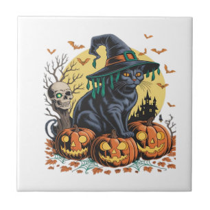 Schwarze Hexenkatze Gruseliges Halloween-Kürbis Ov Fliese
